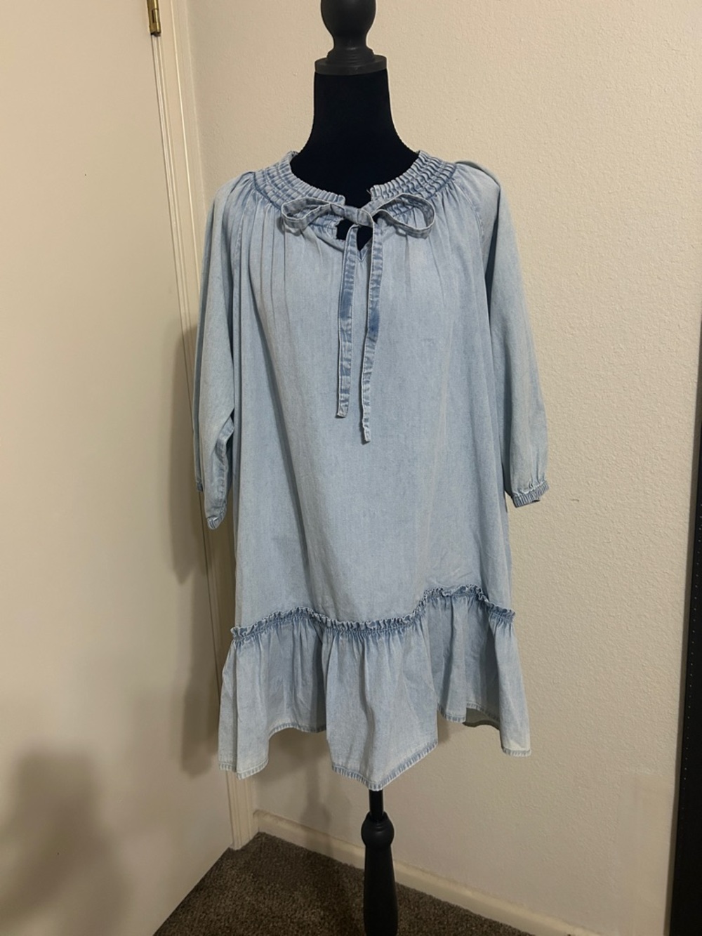 Elan Light Blue Washed Denim Dress with Tie Detail
